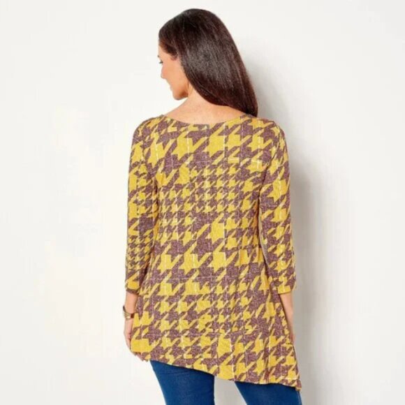 4 Pack Bundle Attitudes by Renee Cask nit Houndstooth Asymmetric Top Mustard - Picture 2 of 4
